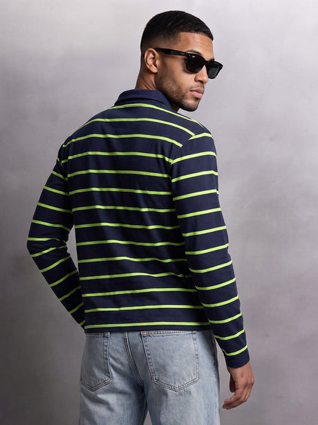 Navy Striped Cropped Longsleeve Polo Tshirt T-Shirts Fugazee 