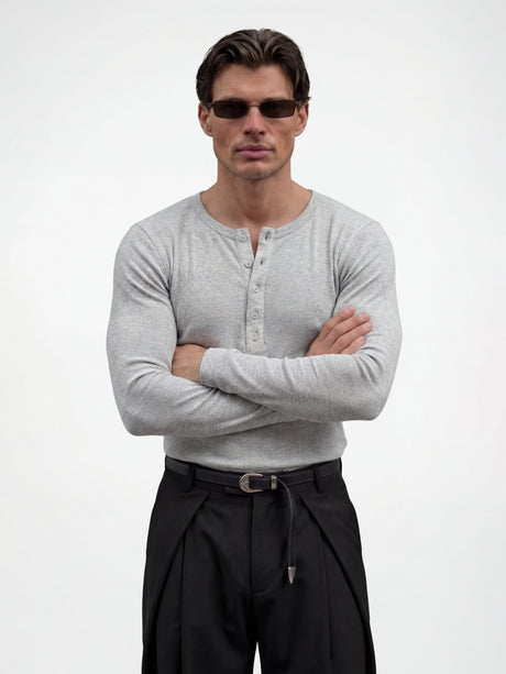 Light Grey Ribbed Henley Longsleeves Tshirt T-Shirts Fugazee 