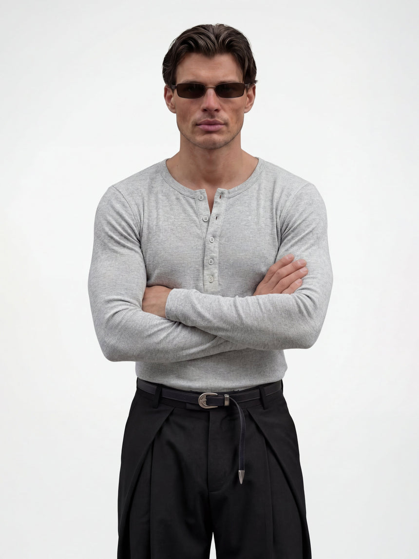 Light Grey Ribbed Henley Longsleeves Tshirt T-Shirts Fugazee 