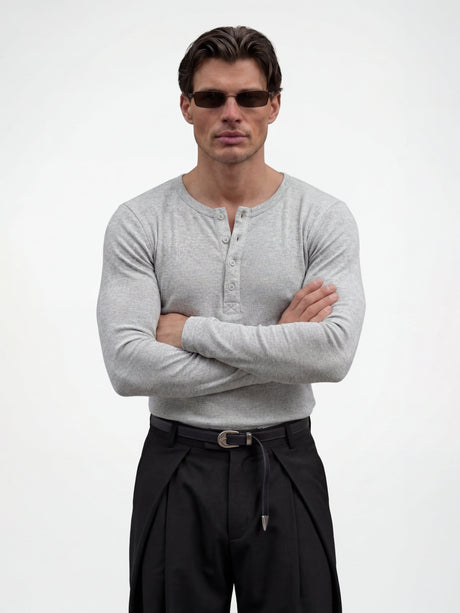 Light Grey Ribbed Henley Longsleeves Tshirt T-Shirts Fugazee 