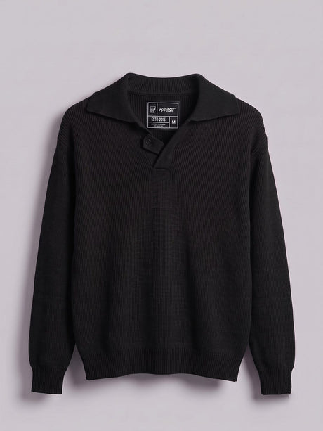 Black Heavy Knit Polo Sweater Sweaters Fugazee 