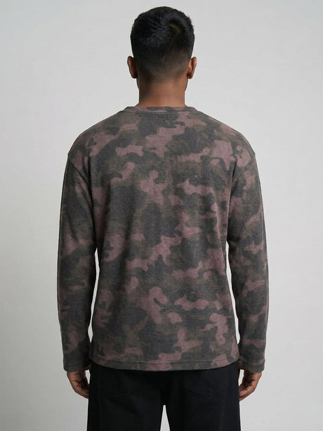 Brown Camo Waffle Relaxed Fit Henley Tshirt T-Shirts Fugazee 