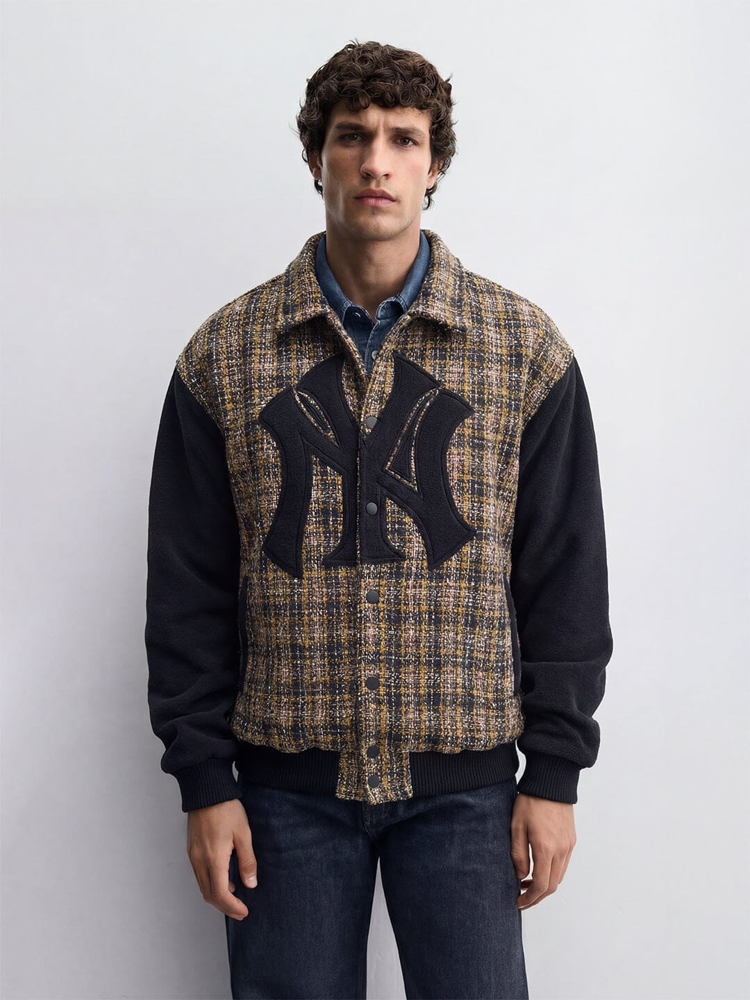Yellow Tweed Ny Applique Bomber Jacket| Buy Men Jacket | Fugazee