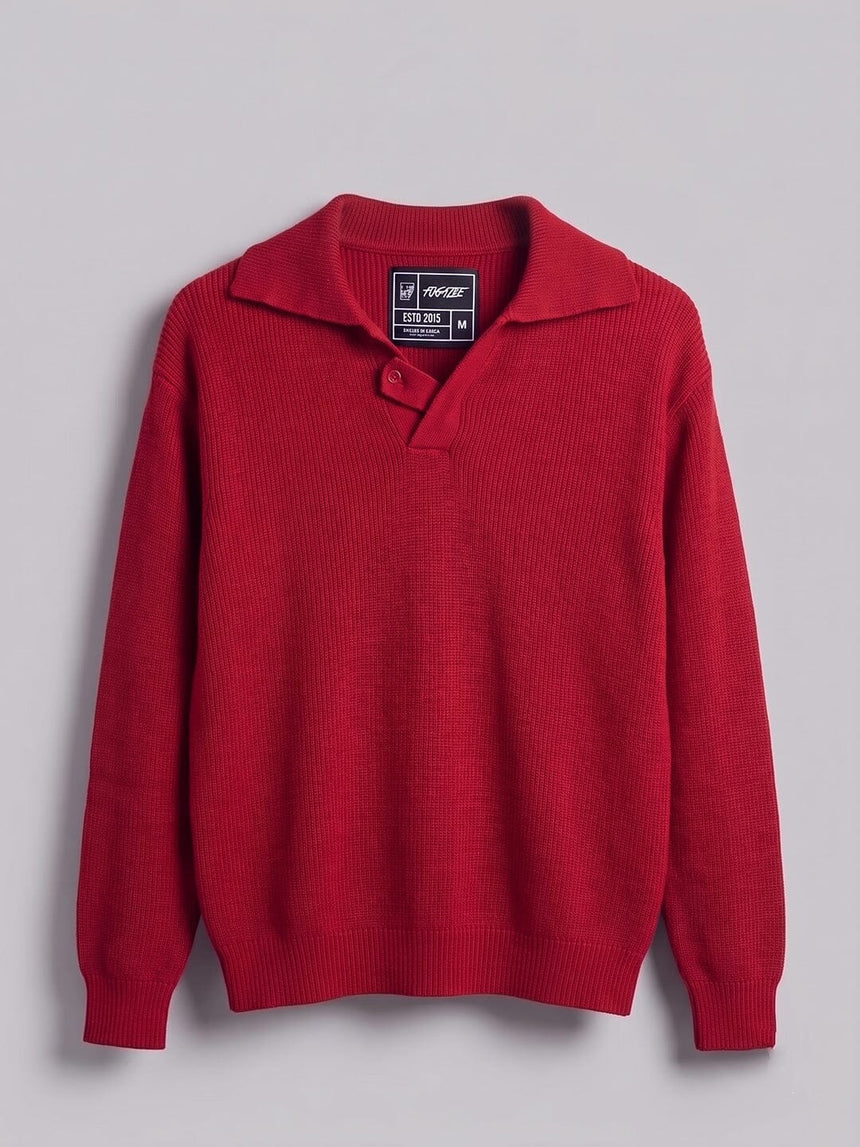 Red Heavy Knit Polo Sweater Sweaters Fugazee 
