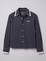 Navy Blue Striped Double Collared Cropped Shirt Shirts Fugazee 