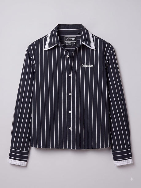 Navy Blue Striped Double Collared Cropped Shirt Shirts Fugazee 