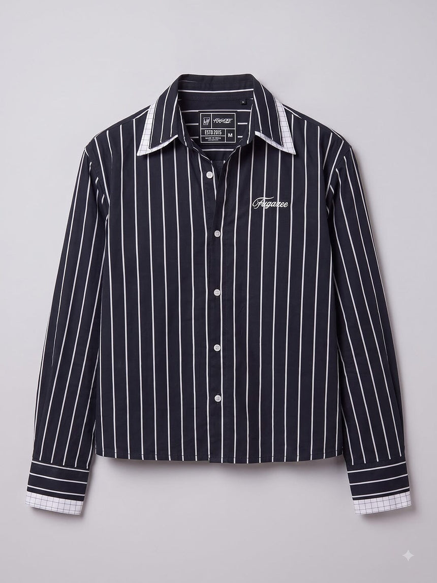 Navy Blue Striped Double Collared Cropped Shirt Shirts Fugazee 
