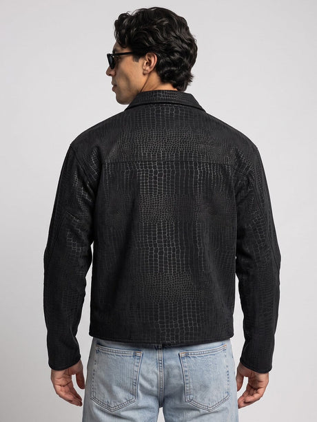 Black Croc Textured Fireman Clasp Harrington Jacket Jackets Fugazee 