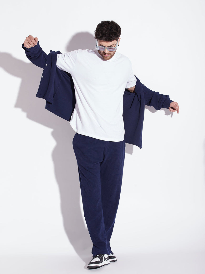 Navy Textured Relaxed Fit Boot-Cut Pant
