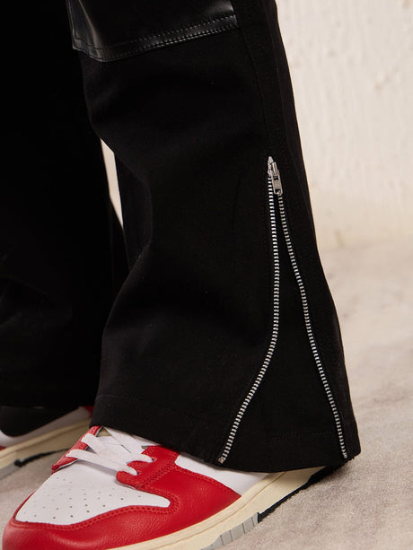 Black Leather Patched Flared Trousers Trousers Fugazee 