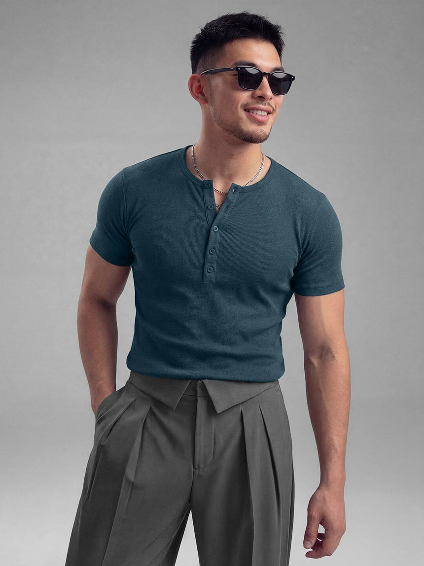 Denim Blue Ribbed Henley Short Sleeves Tshirt T-Shirts Fugazee 