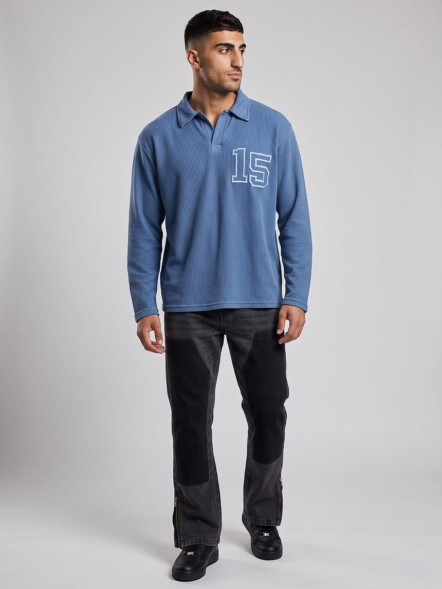 Blue Washed Textured Applique Longsleeve Polo Tshirt T-Shirts Fugazee 