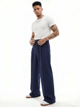 Navy Wide Leg Pleated Trousers Trousers Fugazee 
