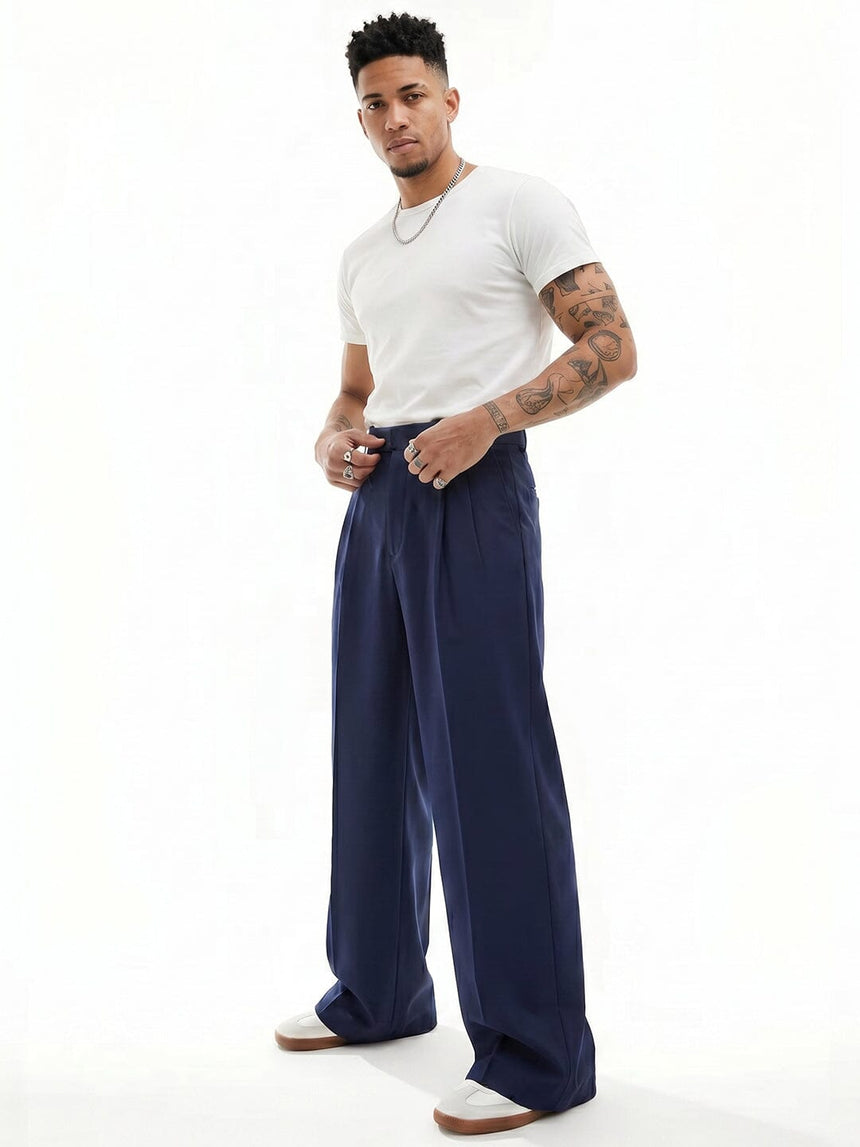 Navy Wide Leg Pleated Trousers Trousers Fugazee 