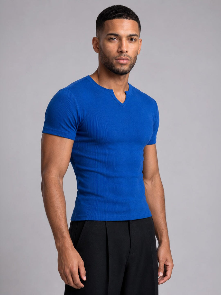 Royal Blue Notch Neck Ribbed Tshirt T-Shirts Fugazee 