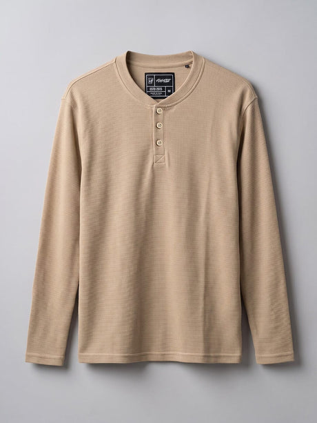 Beige Waffle Relaxed Henley Tshirt T-Shirts Fugazee 