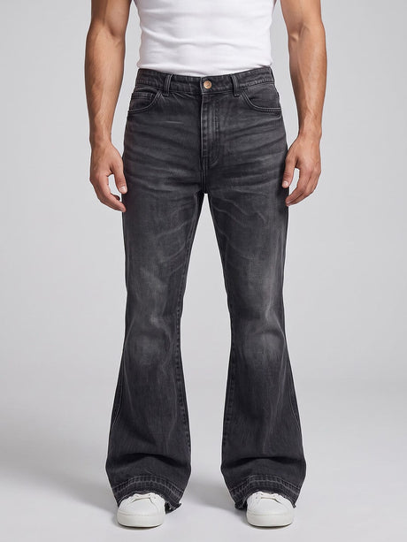 Black Washed Flared Raw Edge Denim Jeans Fugazee 