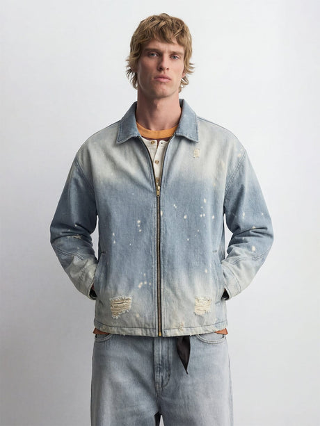 Indigo Distressed Denim Harrington Jacket