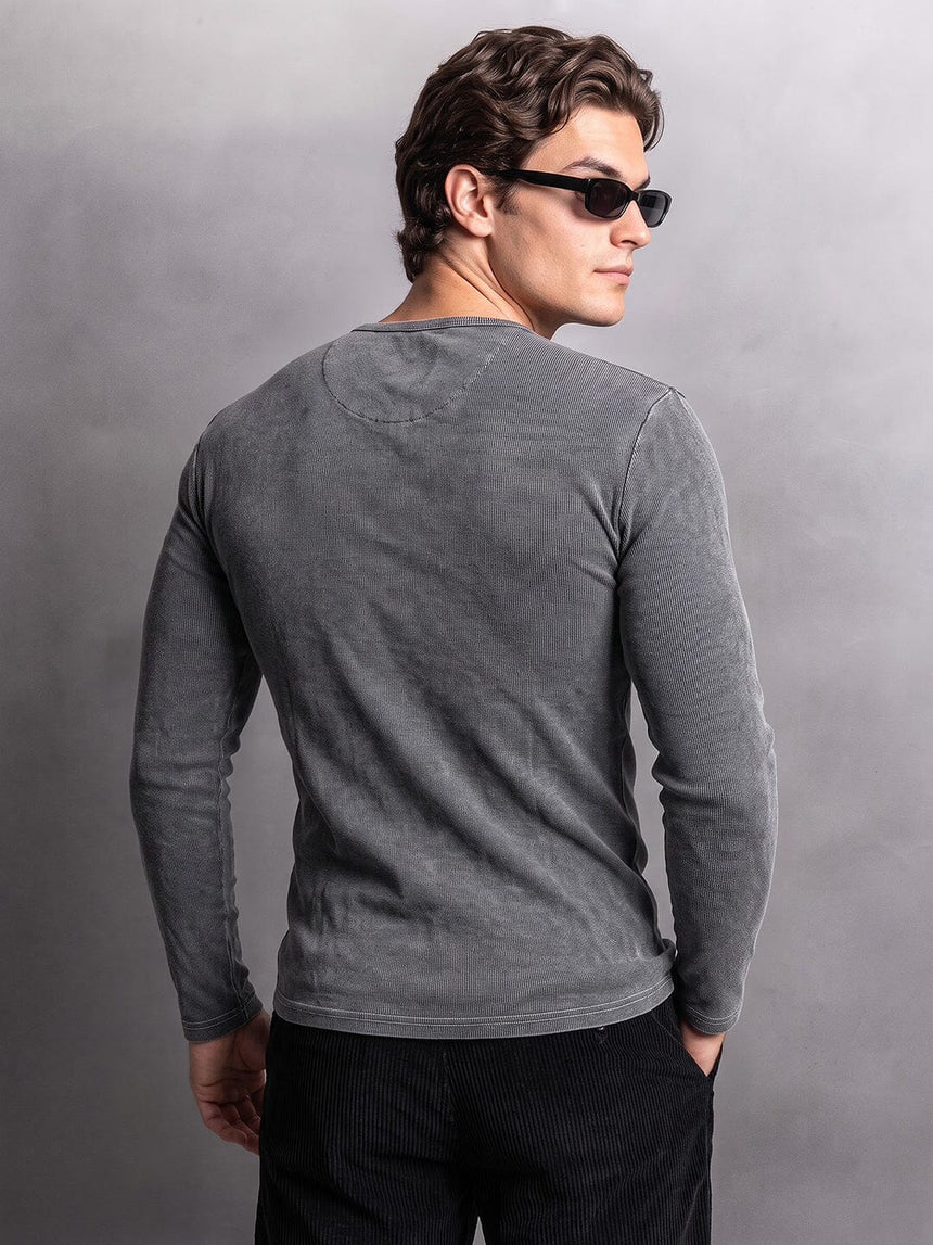 Black Acid Washed Ribbed Longsleeve Henley Tshirt T-Shirts Fugazee 