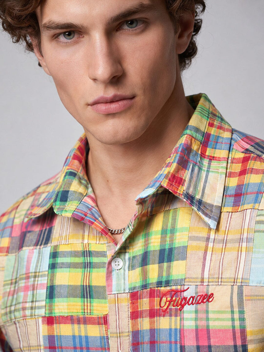 Multicolour Patchwork Plaid Cropped Shirt Shirts Fugazee 