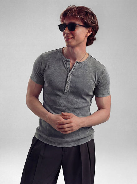 Acid Washed Ribbed Henley Short Sleeves Tshirt T-Shirts Fugazee 