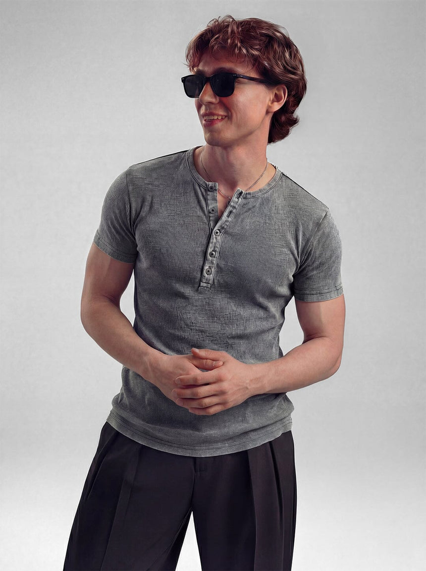 Acid Washed Ribbed Henley Short Sleeves Tshirt T-Shirts Fugazee 
