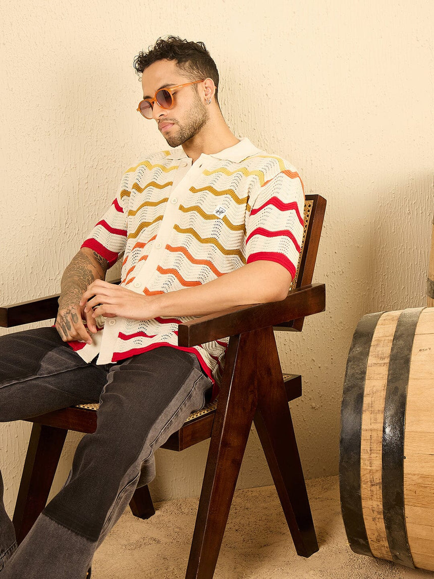 Ecru Wavy Stripes Crochet Shirt Shirts Fugazee 