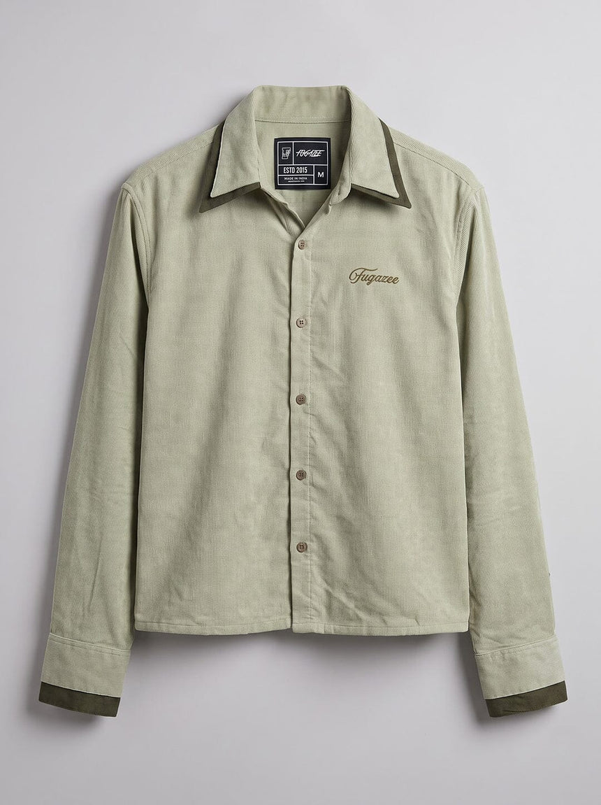 Sage Green Double Collared Cropped Corduroy Shirt Shirts Fugazee 