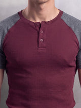 Grey And Maroon Ribbed Raglan Short Sleeve Henley Tshirt T-Shirts Fugazee 