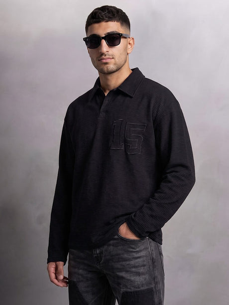 Black Textured Applique Longsleeves Polo Tshirt T-Shirts Fugazee 