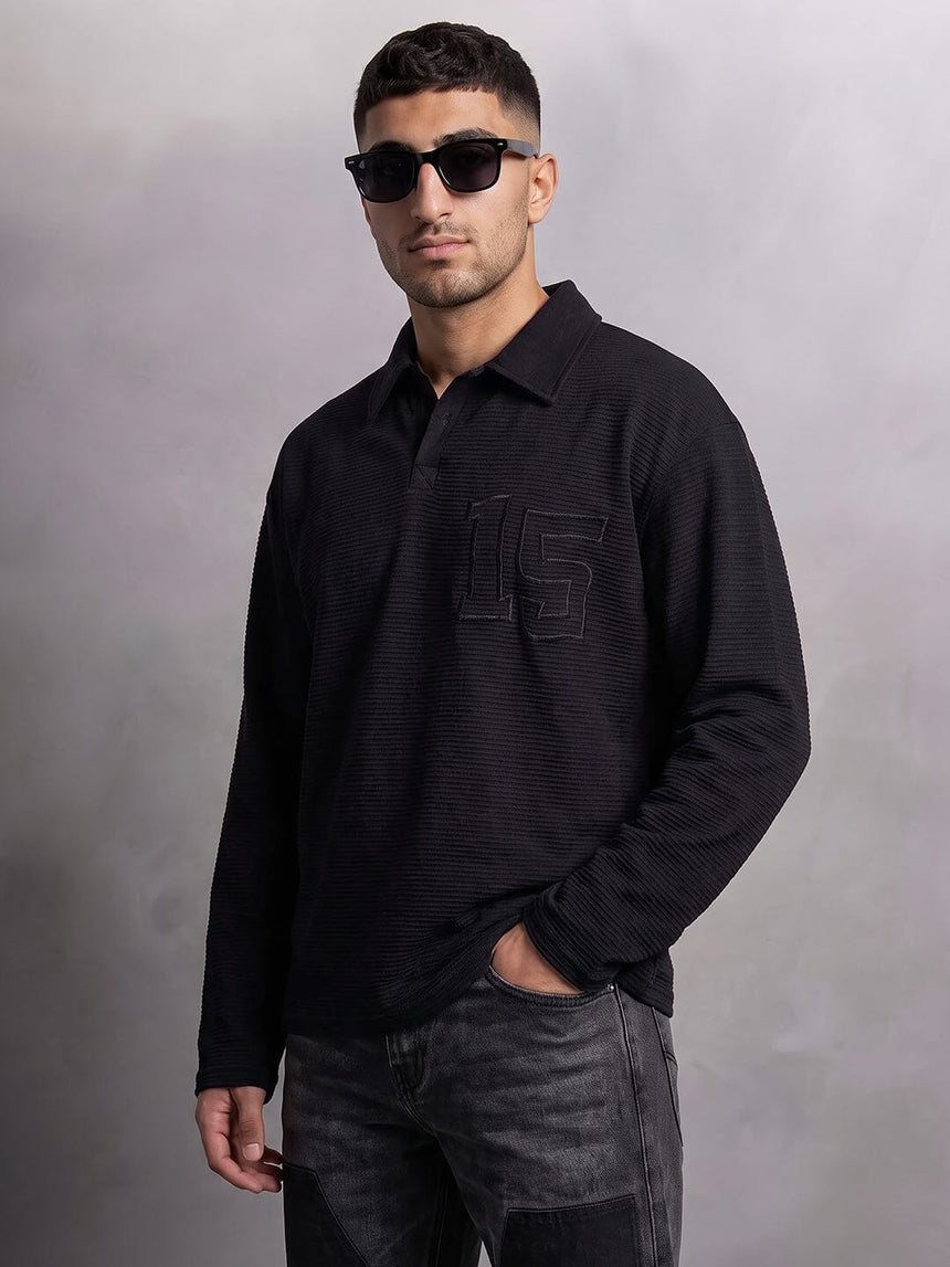 Black Textured Applique Longsleeves Polo Tshirt T-Shirts Fugazee 