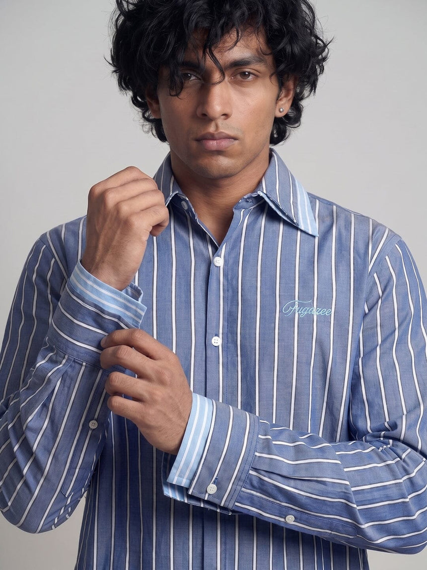 Cobalt Blue Striped Double Collared Cropped Shirt Shirts Fugazee 