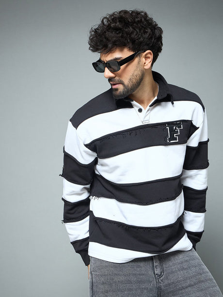 Black & White Striped Raw Edge Rugby Sweatshirt Sweatshirts Fugazee 
