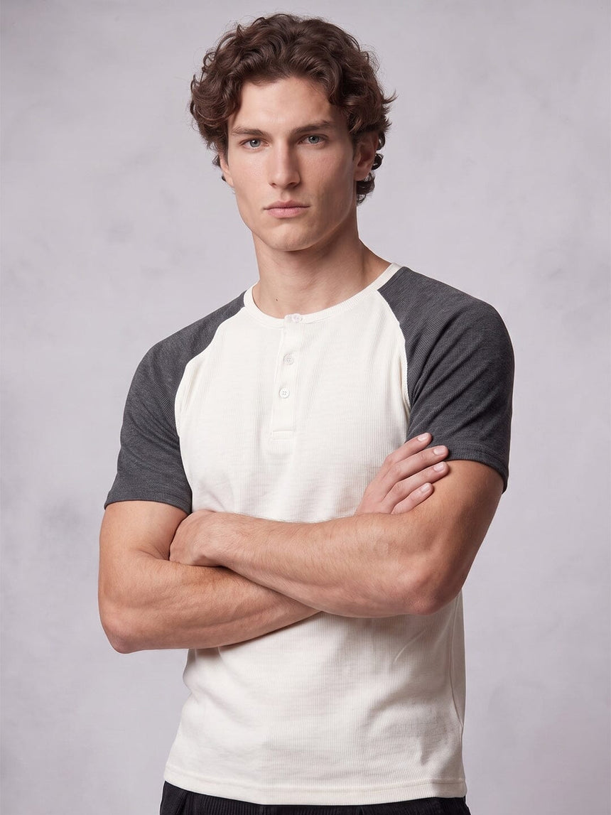 Ecru and Charcoal Raglan Ribbed Henley Tshirt T-Shirts Fugazee 