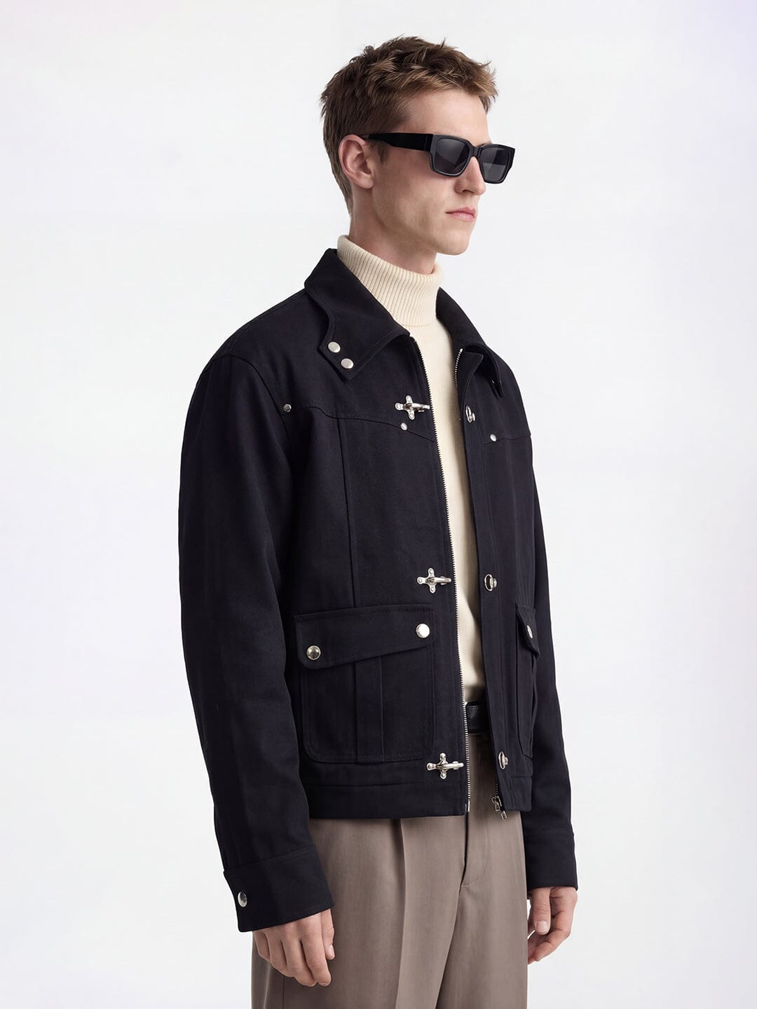 Black Cotton Twill Fireman Clasp Jacket Jackets Fugazee 