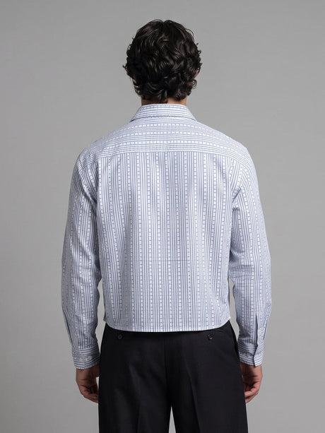 Airy Blue Seersucker Striped Cropped Shirt Shirts Fugazee 