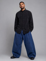 Black Mandarin Frog Buttoned Longline Shirt Shirts Fugazee 