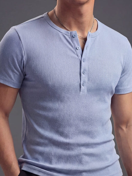Sky Blue Ribbed Henley Short Sleeve Tshirt T-Shirts Fugazee 