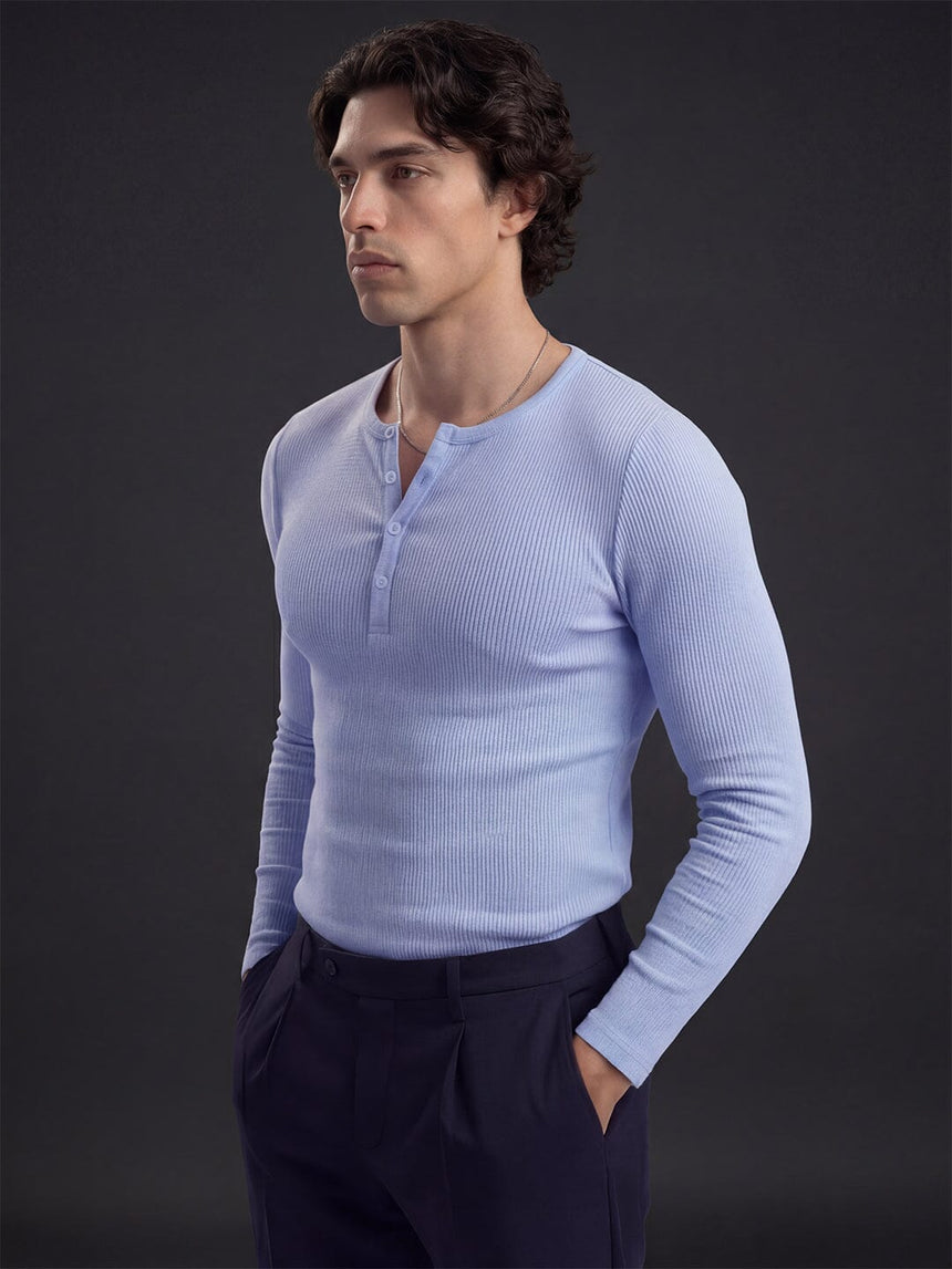 Sky Blue Ribbed Henley Longsleeves Tshirt T-Shirts Fugazee 