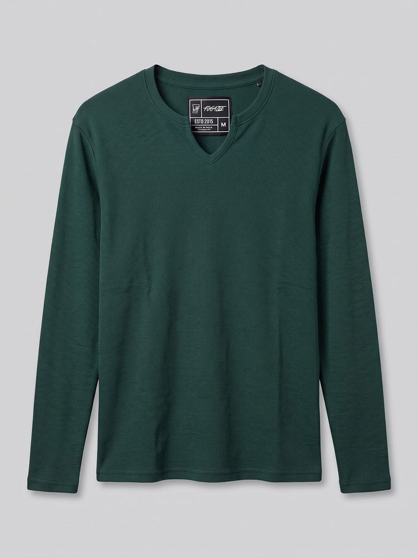 Bottle Green Notch Neck Ribbed Longsleeve Tshirt T-Shirts Fugazee 