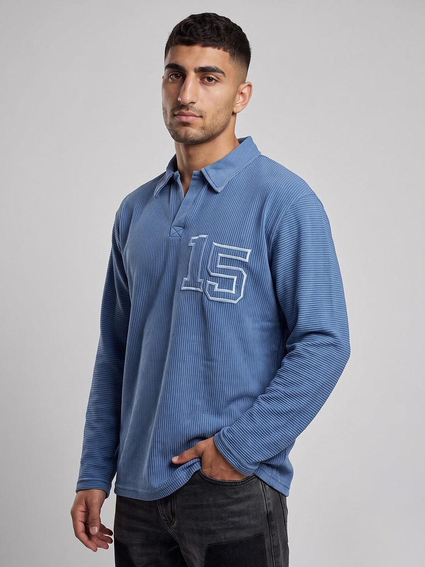 Blue Washed Textured Applique Longsleeve Polo Tshirt T-Shirts Fugazee 