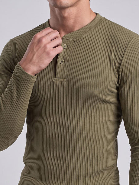 Olive Parker Ribbed Henley Tshirt T-Shirts Fugazee 