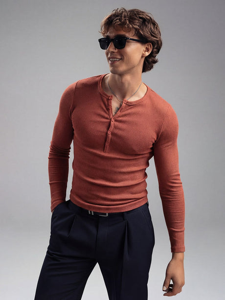 Rust Ribbed Henley Longsleeves Tshirt T-Shirts Fugazee 