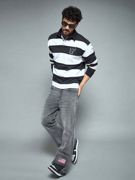 Black & White Striped Raw Edge Rugby Sweatshirt Sweatshirts Fugazee 