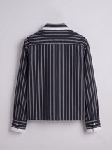 Navy Blue Striped Double Collared Cropped Shirt Shirts Fugazee 