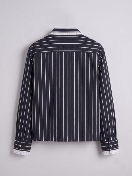 Navy Blue Striped Double Collared Cropped Shirt Shirts Fugazee 