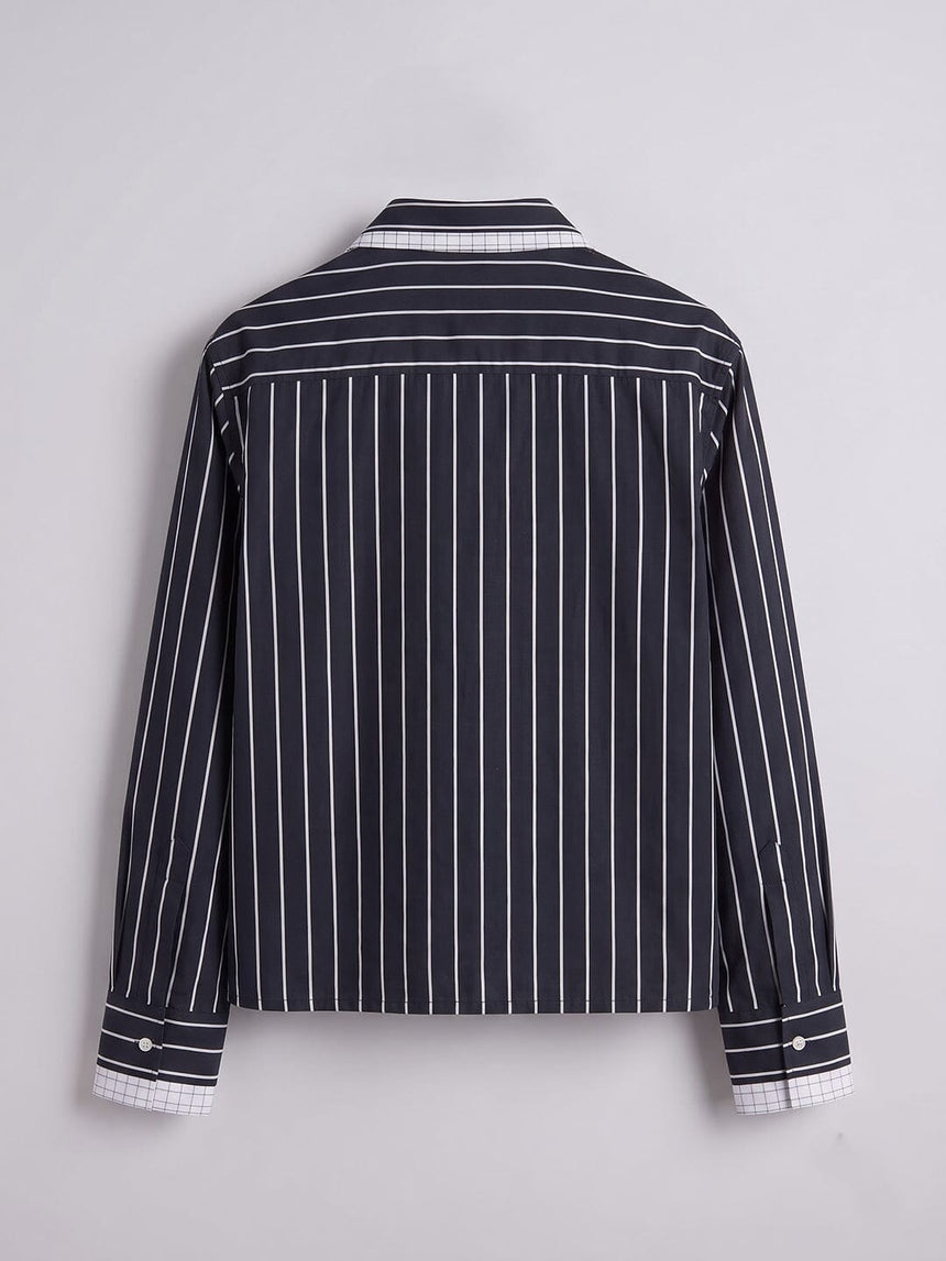 Navy Blue Striped Double Collared Cropped Shirt Shirts Fugazee 