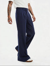 Navy Wide Leg Pleated Trousers Trousers Fugazee 