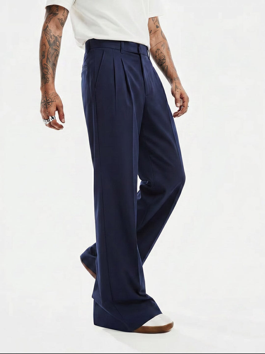Navy Wide Leg Pleated Trousers Trousers Fugazee 