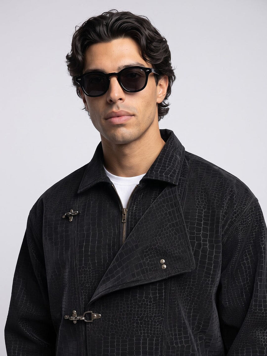 Black Croc Textured Fireman Clasp Harrington Jacket Jackets Fugazee 